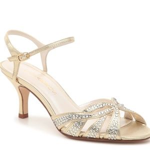 Dressy Gold Lame Sandal Heels with Rhinestones, size 8.5m, 2.5" heel, like new